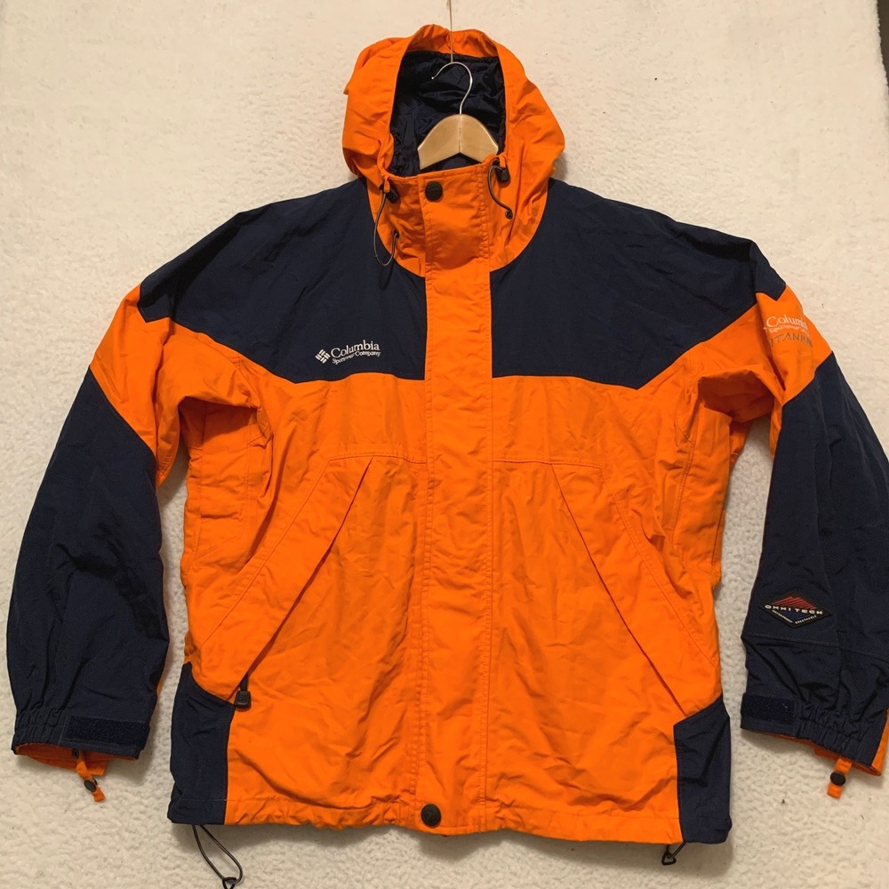 Columbia Titanium Omni-Tech Jacket Unisex Large Orange Navy Blue Hooded Shell